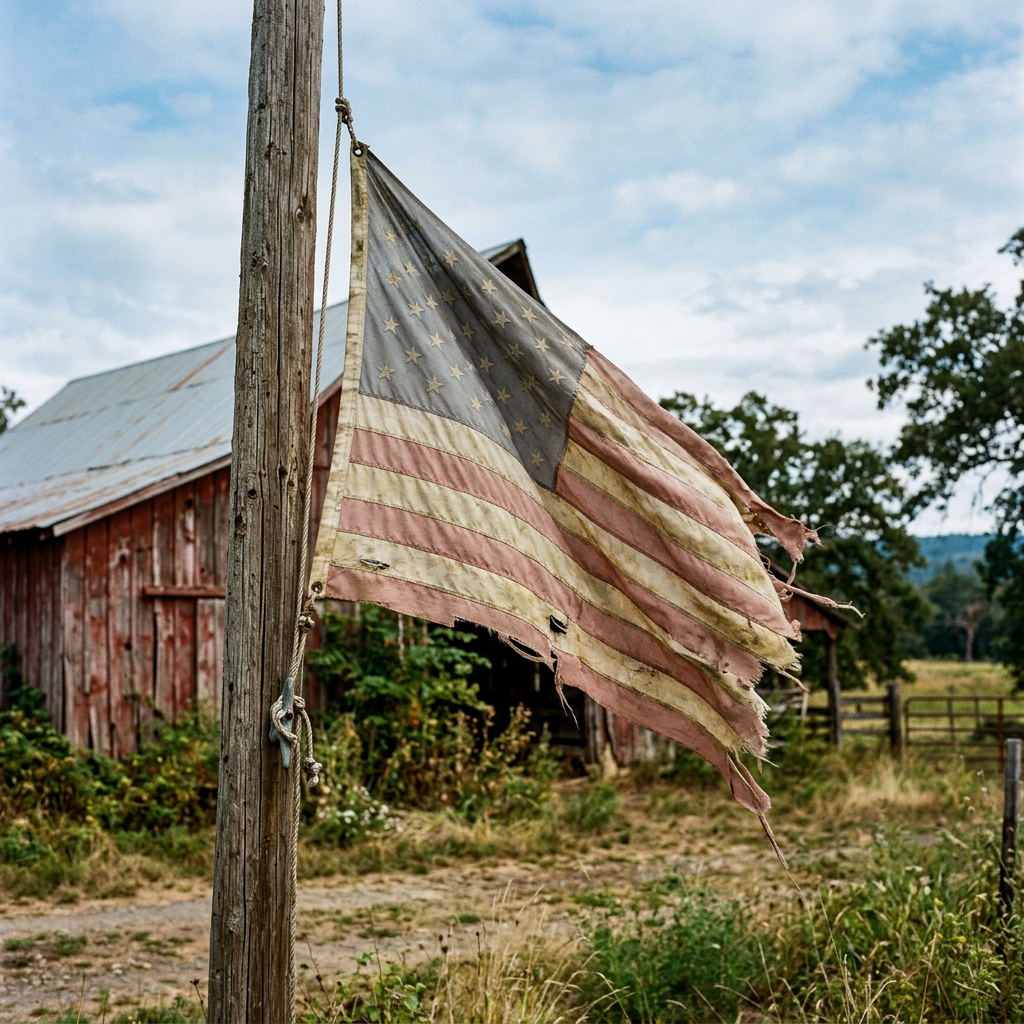 Tattered American flag hanging on a wooden pole near a red barn